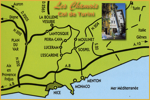 Plan d'acc&egrave;s routier vers l'H&ocirc;tel Les Chamois au Col de Turini depuis Nice, Menton et l'Italie